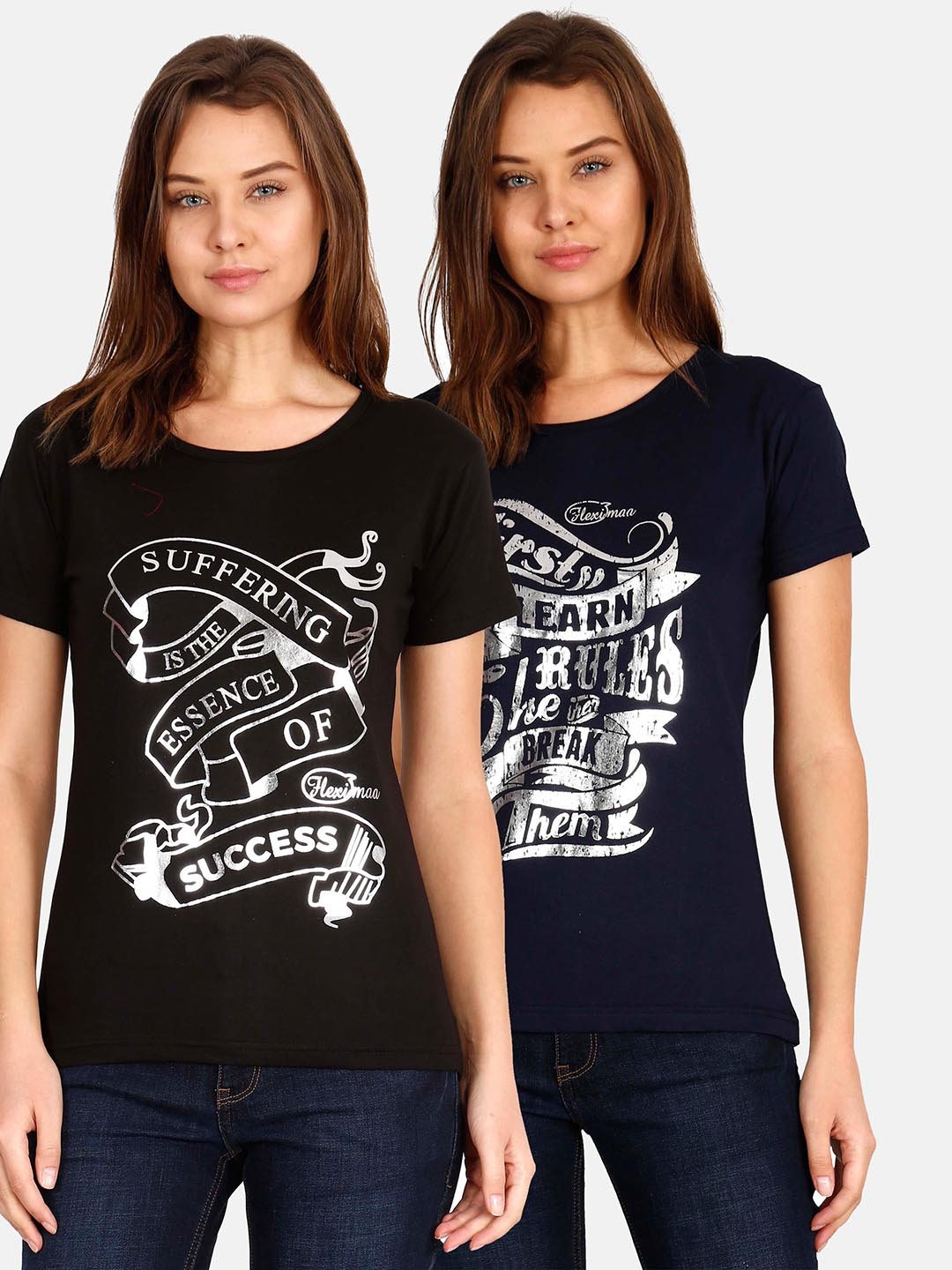 

Fleximaa Women Navy Blue & Black Pack Of 2 Printed T-shirt