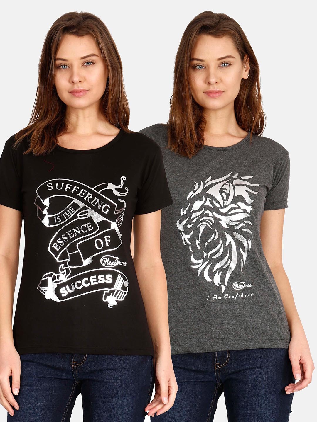 

Fleximaa Women Black & Charcoal Pack Of 2 Printed T-shirt