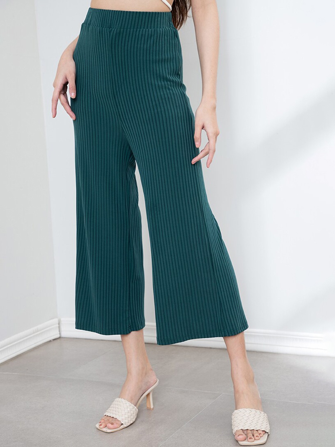 

ORIGIN BY ZALORA Women Green Striped Soft Rib Straight Fit Culottes Trousers