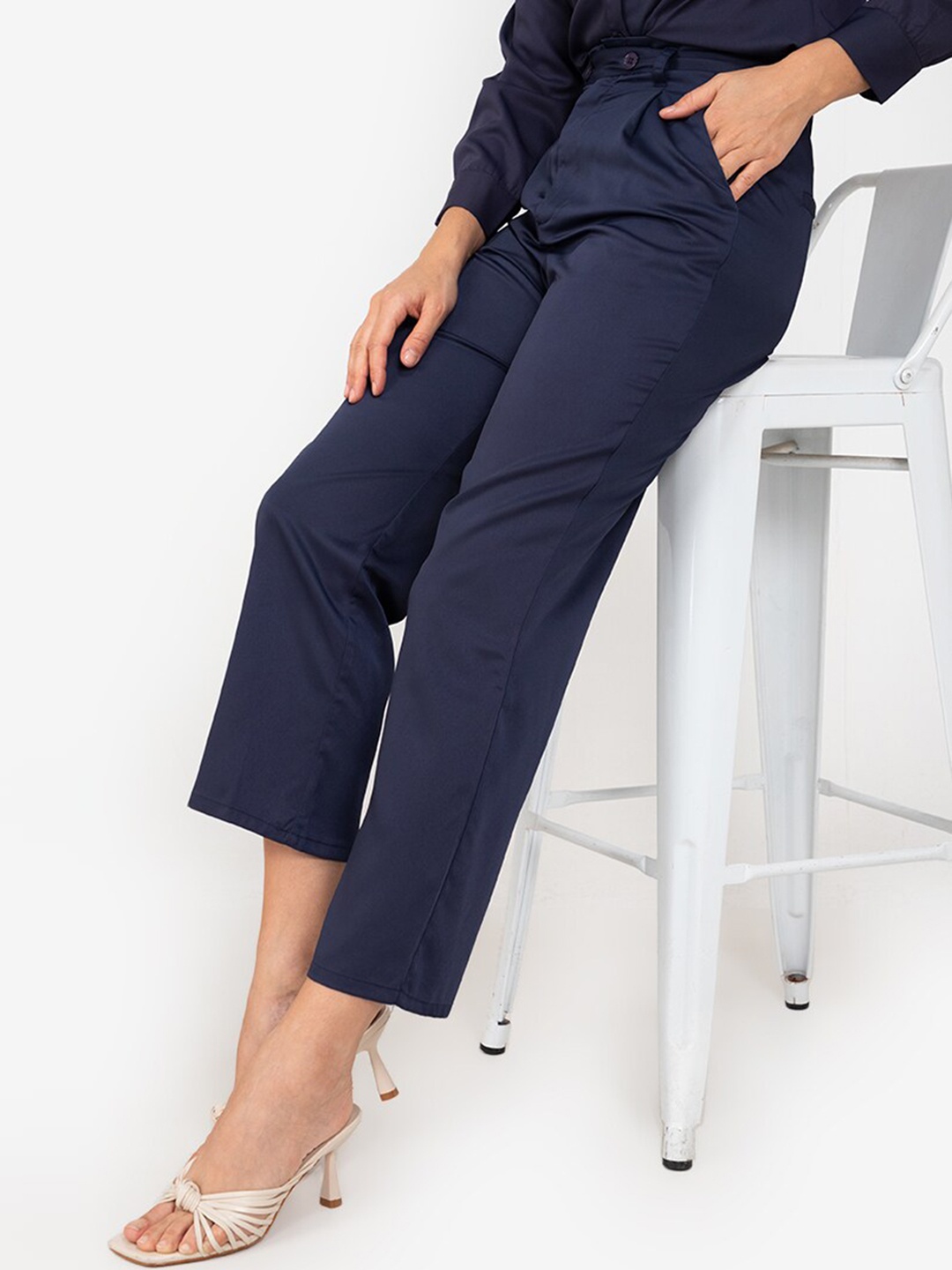 

ZALORA WORK Women Navy Blue Pleated Cropped Trousers