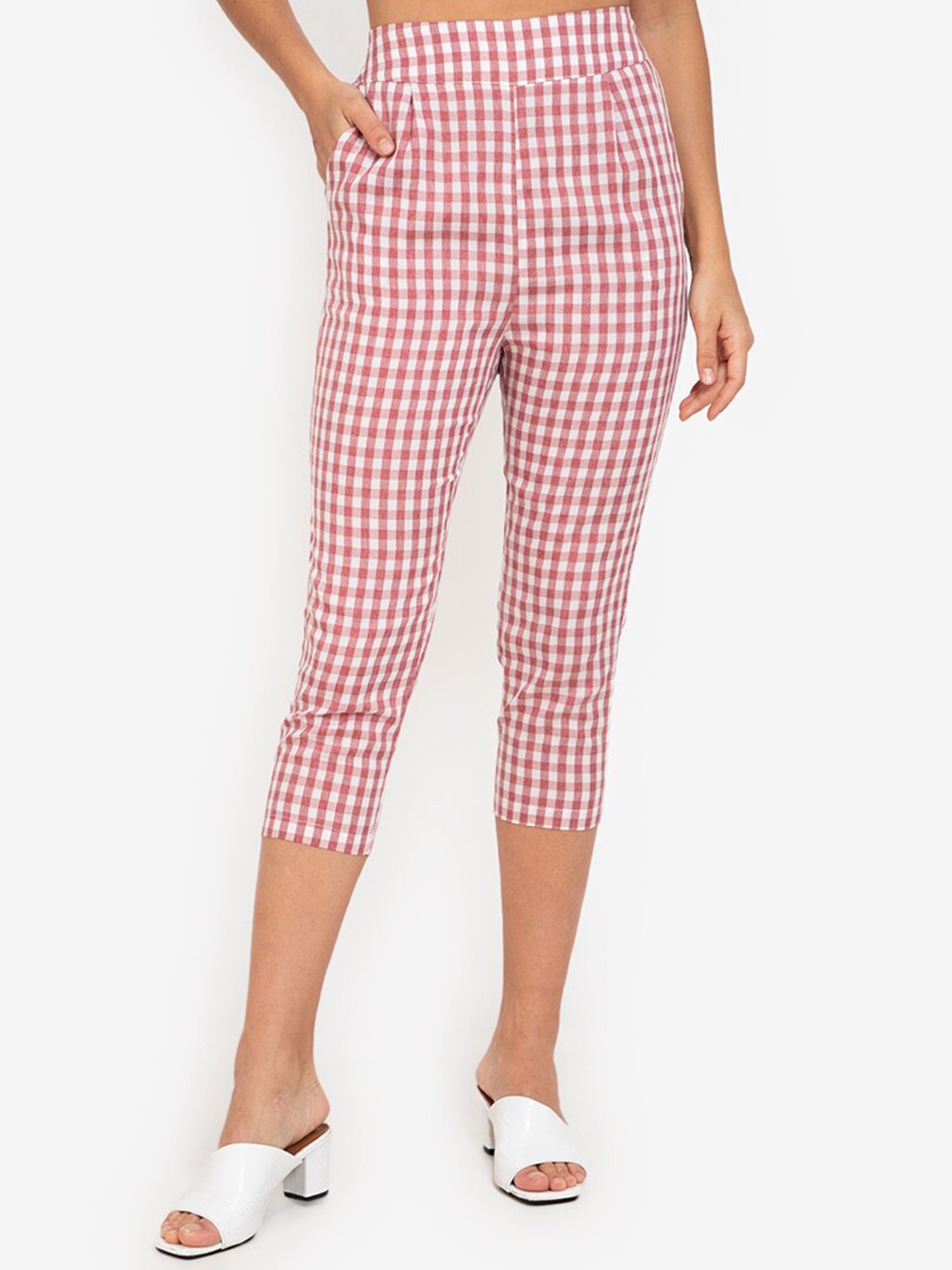 

ZALORA WORK Women Red Checked Tapered Fit Cigarette Trousers