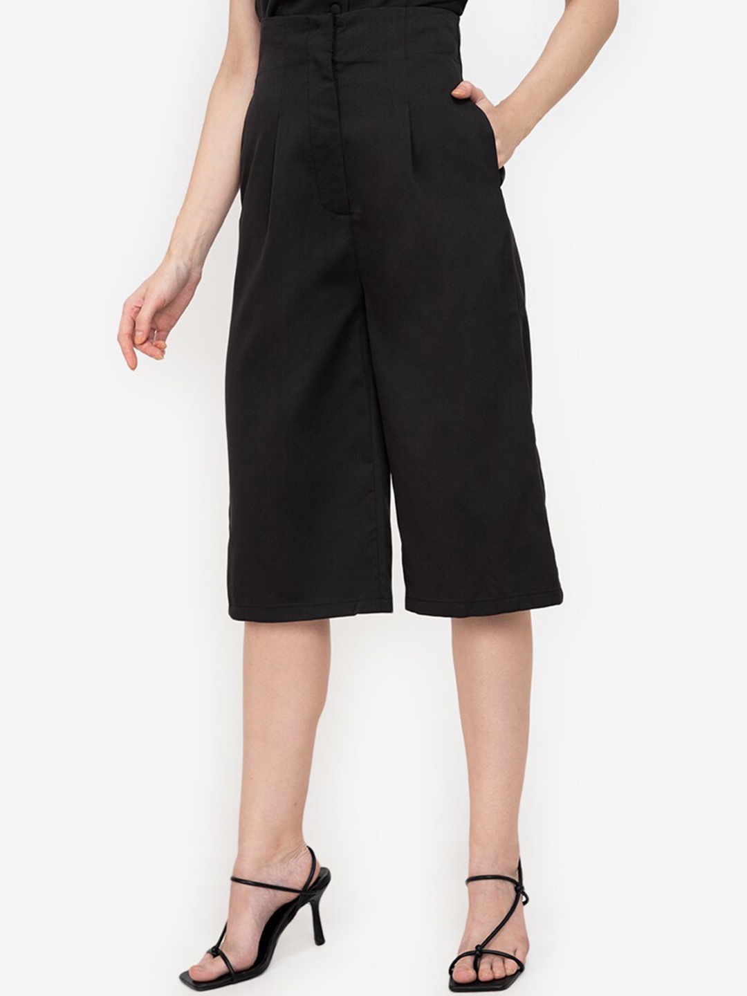 

ZALORA WORK Women Black Straight Fit High-Rise Pleated Culottes Trousers