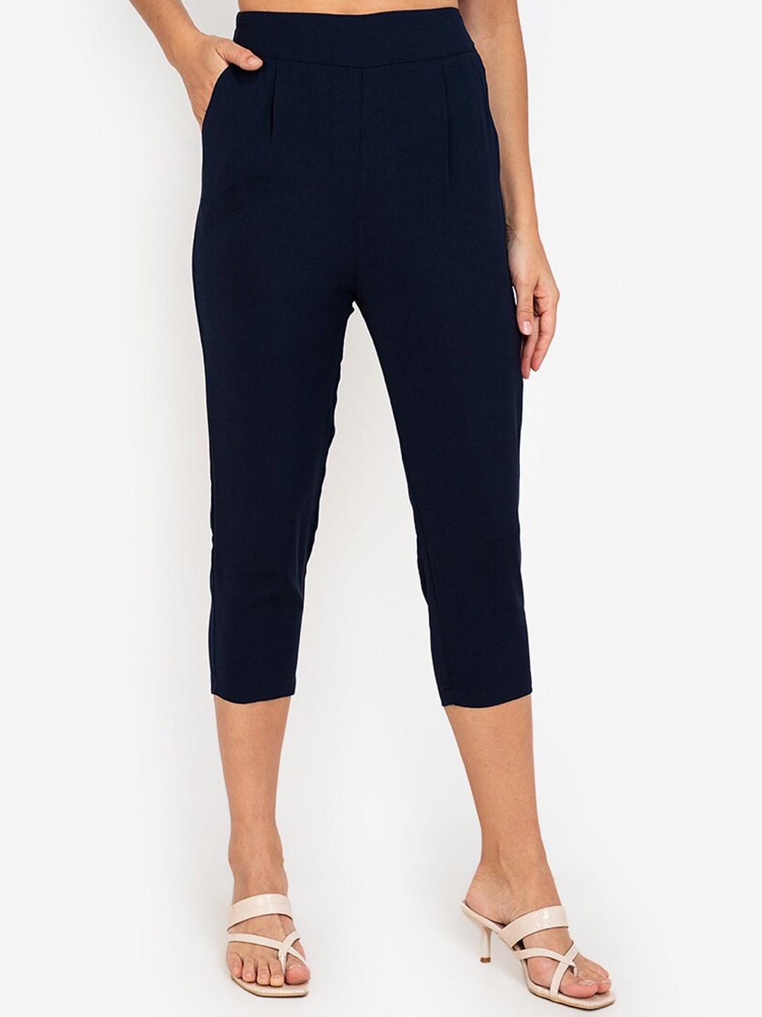 

ZALORA WORK Women Navy Blue Tapered Fit High-Rise Pleated Cropped Cigarette Trousers