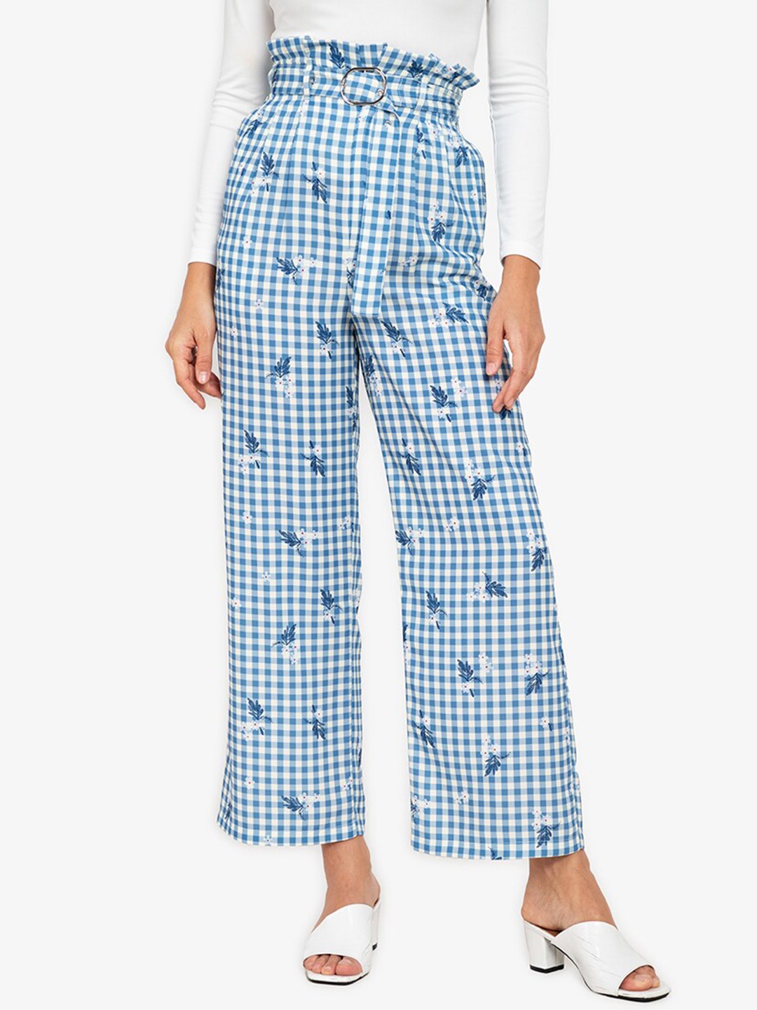

ZALORA WORK Women White & Blue Checked Pleated Parallel Trousers