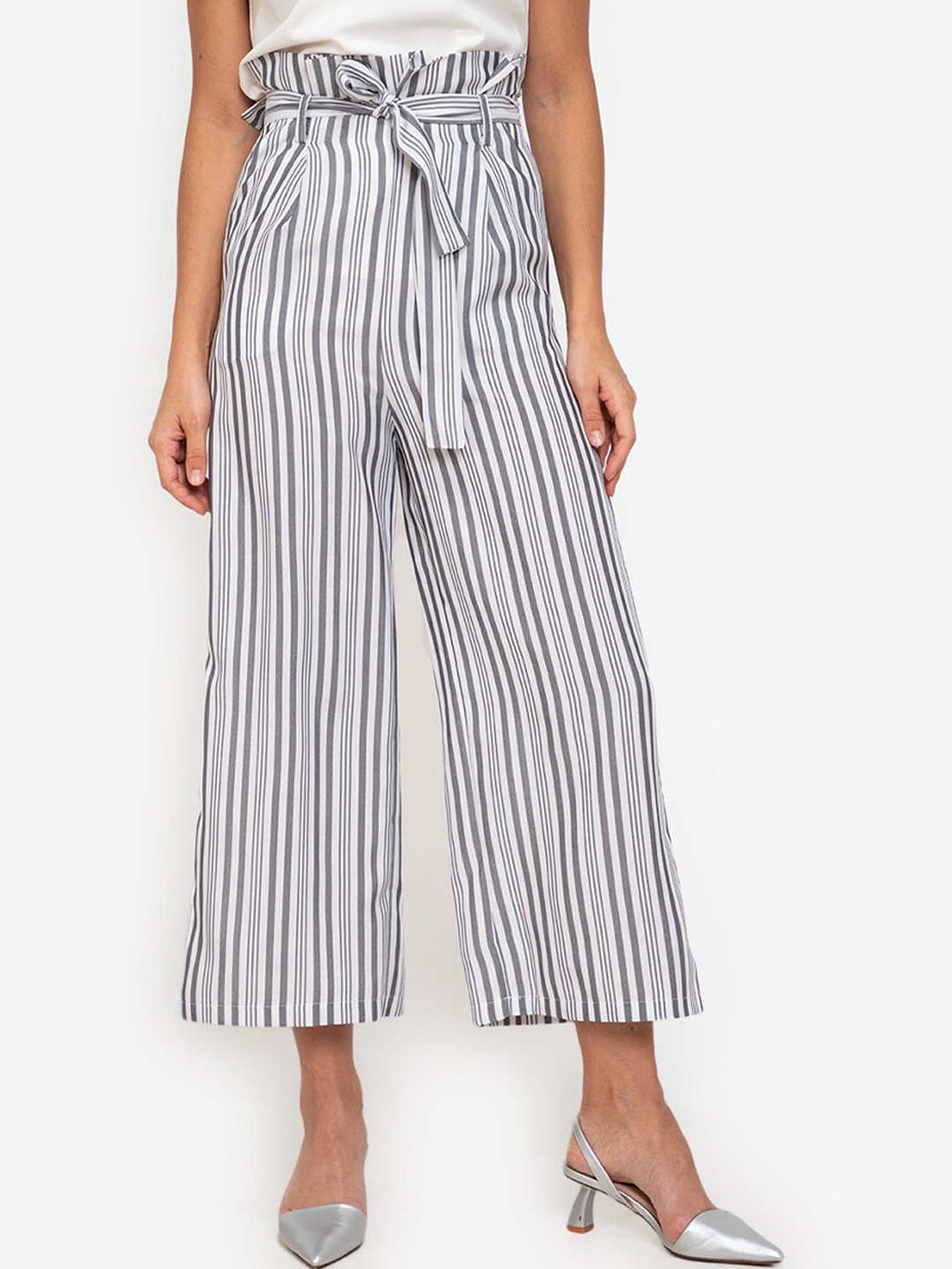 

ZALORA WORK Women White Striped Straight Fit High-Rise Pleated Culottes