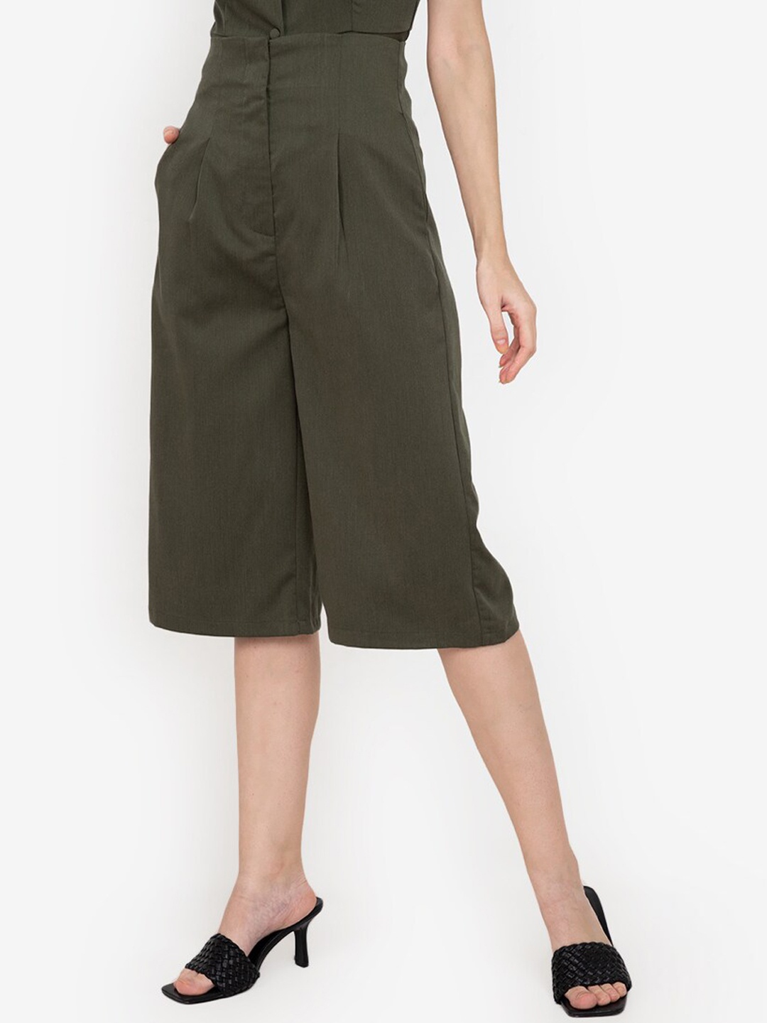 

ZALORA WORK Women Olive Green Straight Fit High-Rise Pleated Culottes Trousers