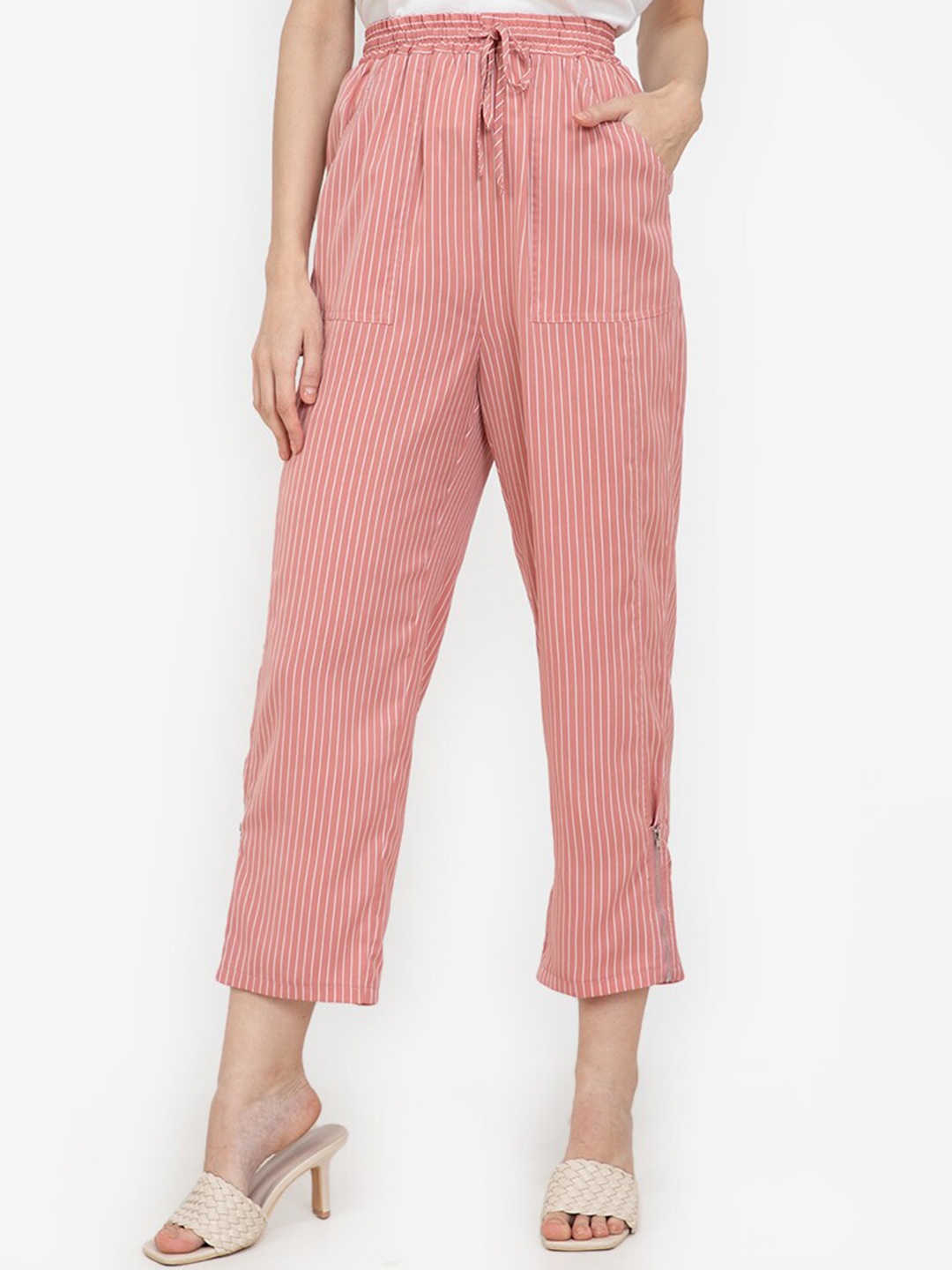 

ZALORA WORK Women Pink Striped High-Rise Trousers