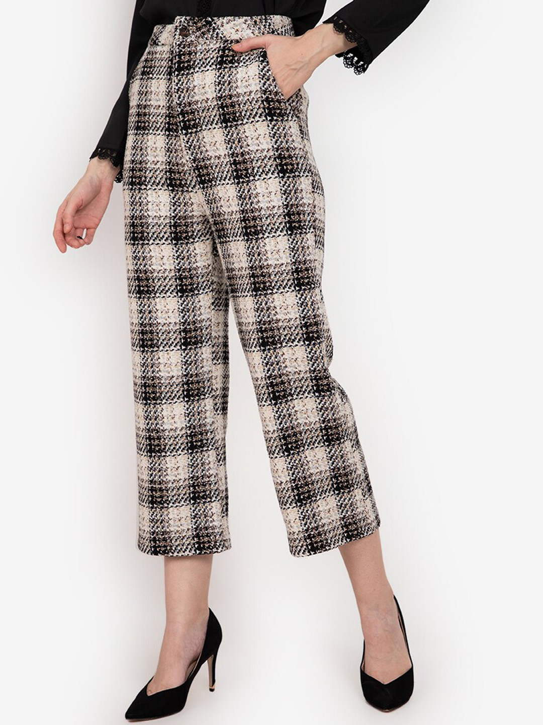 

ZALORA WORK Women Black & Beige Cropped Tweed Checked Trousers