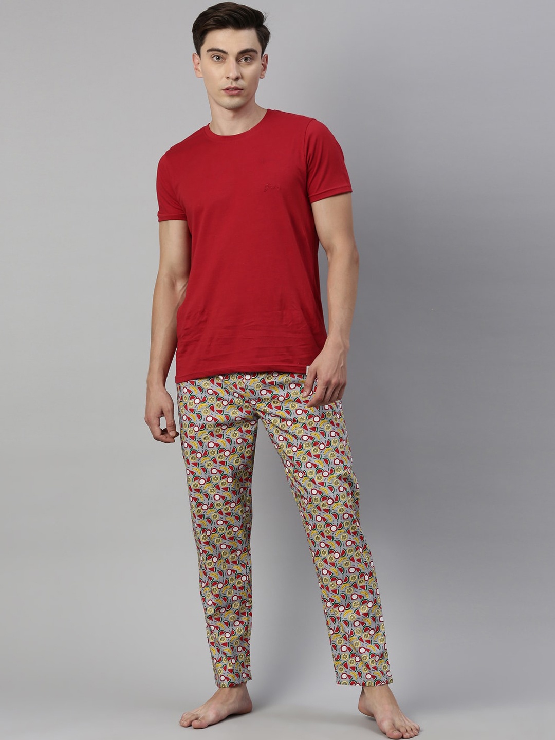 

Joven Men Red & Grey Printed Pure Cotton Night suit
