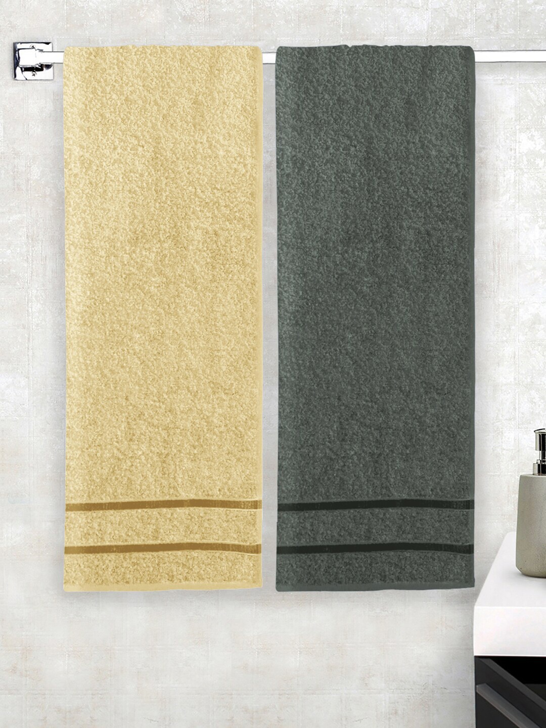 

Story@home Set of 2 Beige & Charcoal Grey Solid 450 GSM Cotton Bath Towels