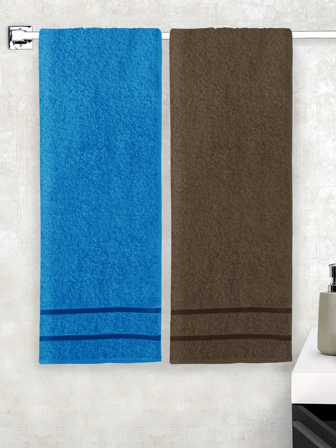 

Story@home Brown & Blue Set of 2 Solid 450 GSM Terry Cotton Bath Towels