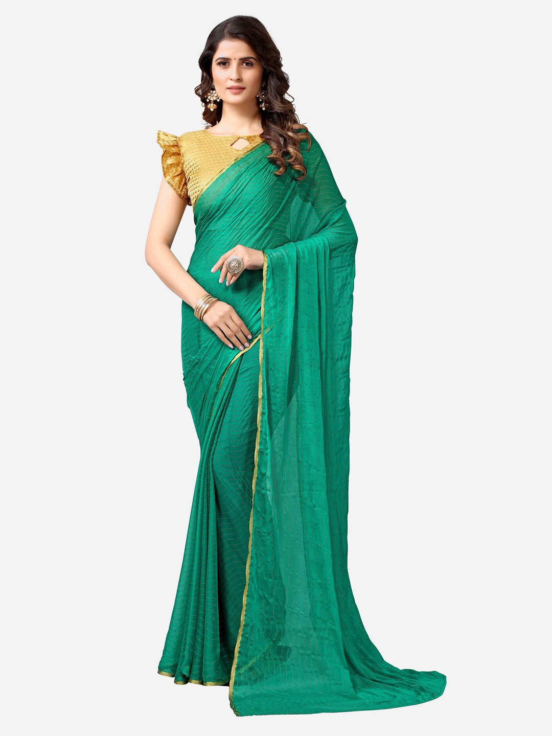 

KALINI Green & Golden Embellished Beads and Stones Taant Saree