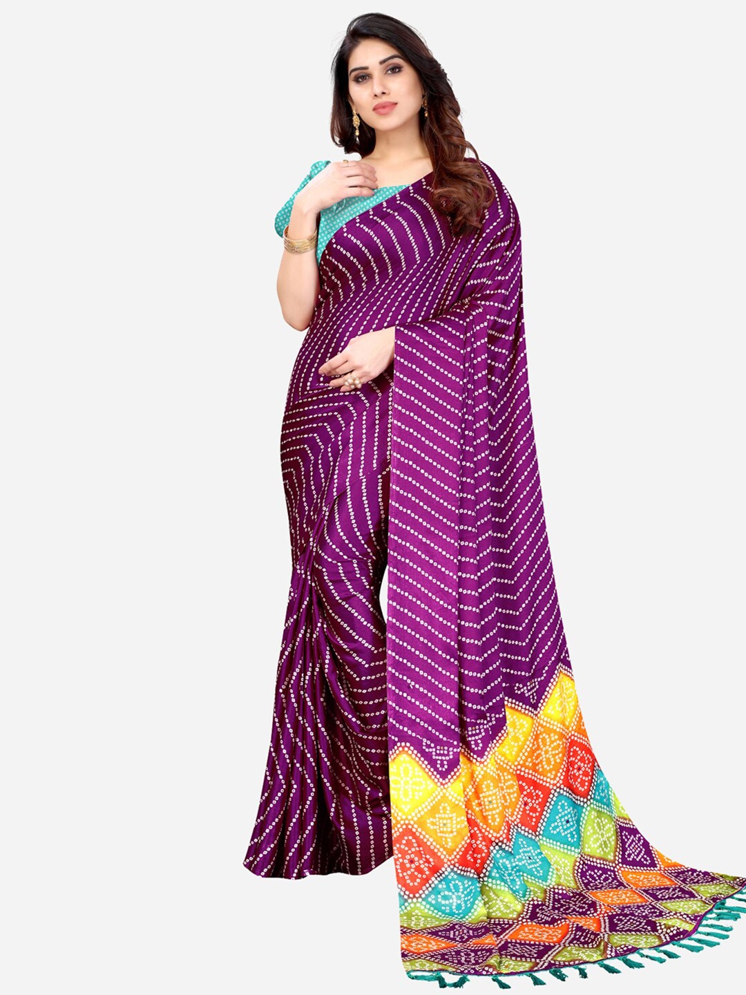 

KALINI Purple & Yellow Bandhani Printed Poly-Silk Saree