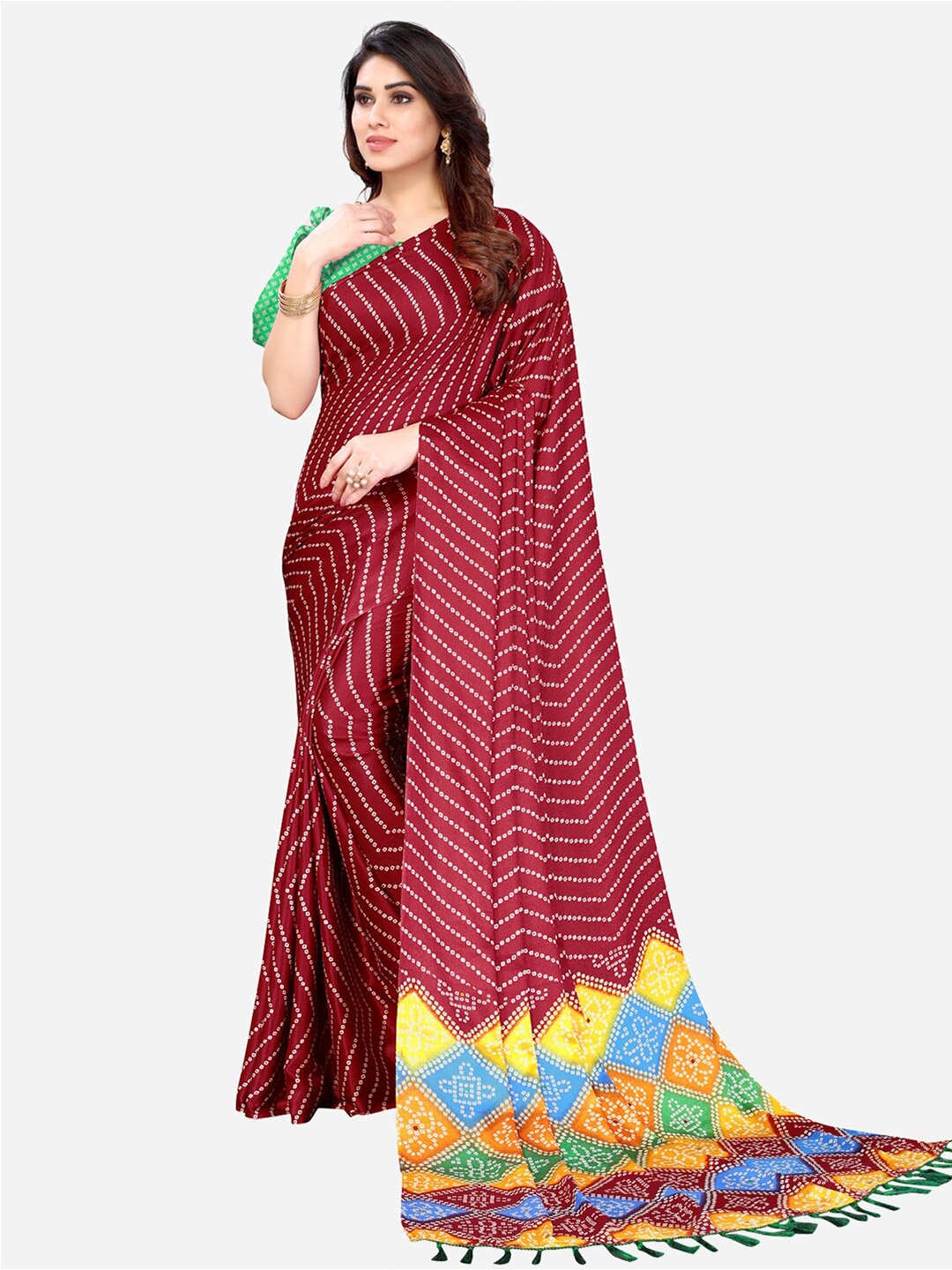 

KALINI Maroon & Yellow Bandhani Saree