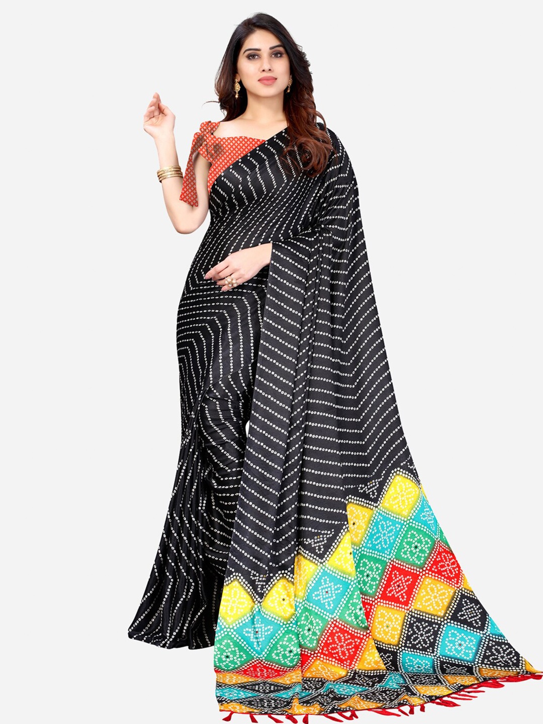 

KALINI Black & Yellow Bandhani Saree