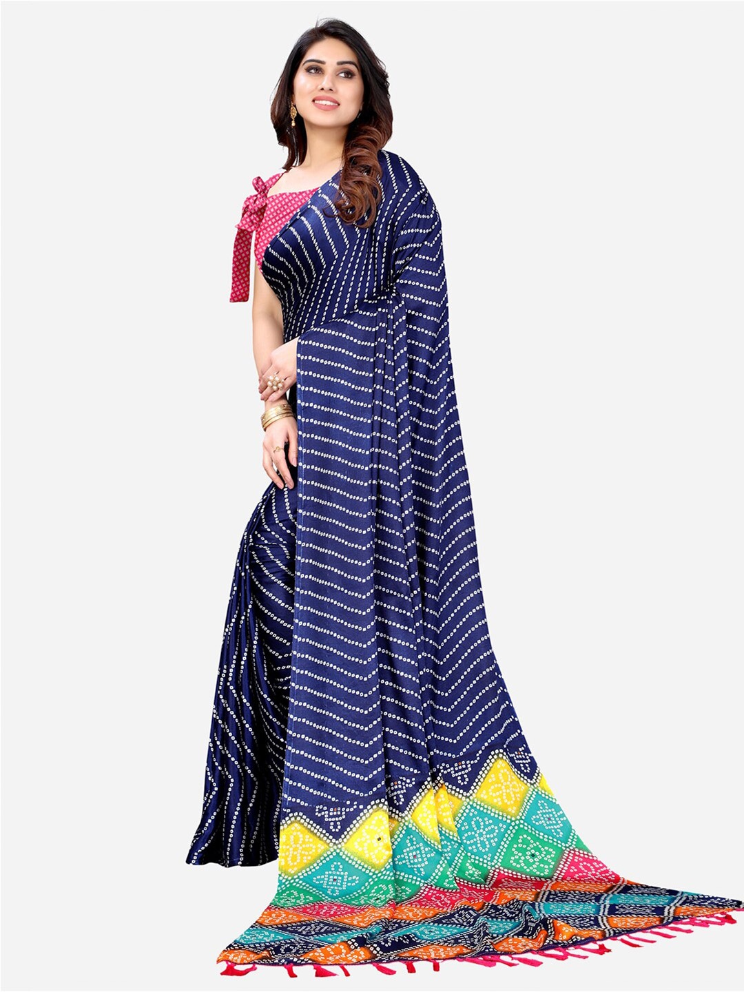

KALINI Navy Blue & Yellow Bandhani Printed Saree