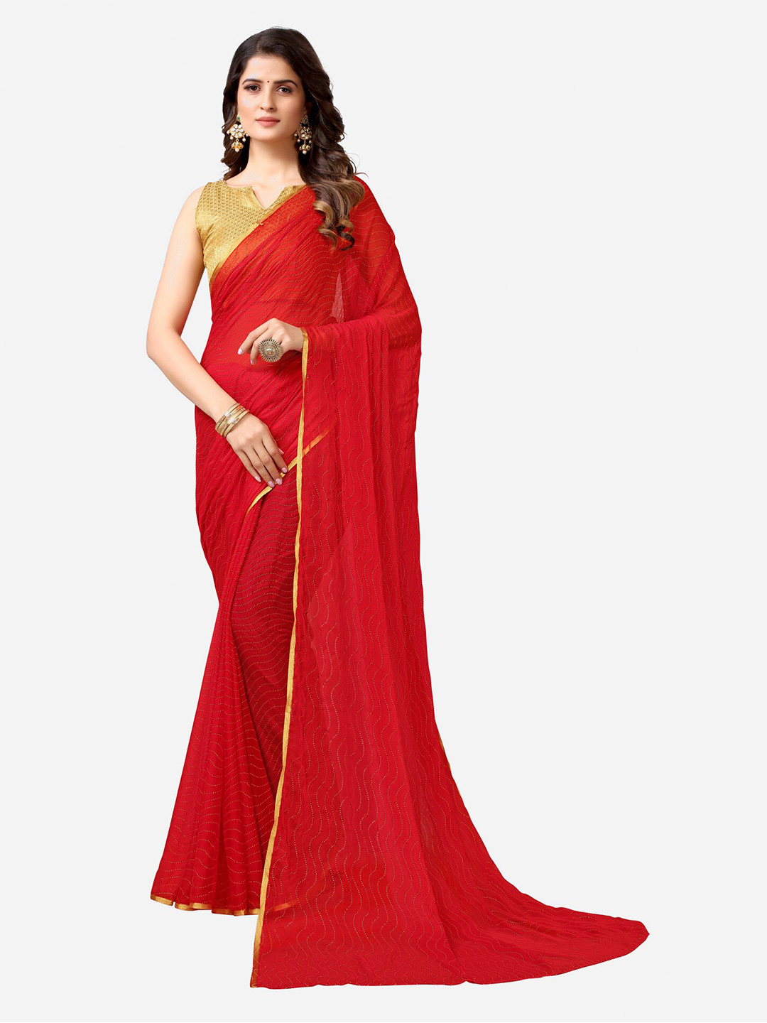 

Kalini Red & Gold-Toned Embellished Taant Saree