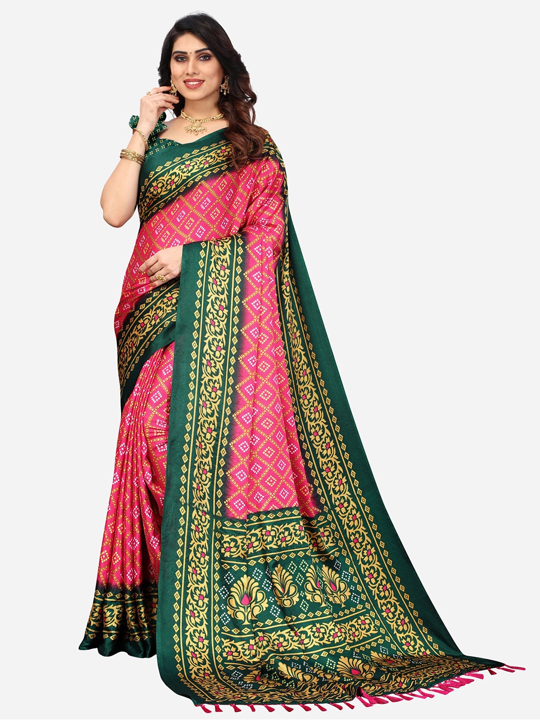 

KALINI Pink & White Bandhani Saree