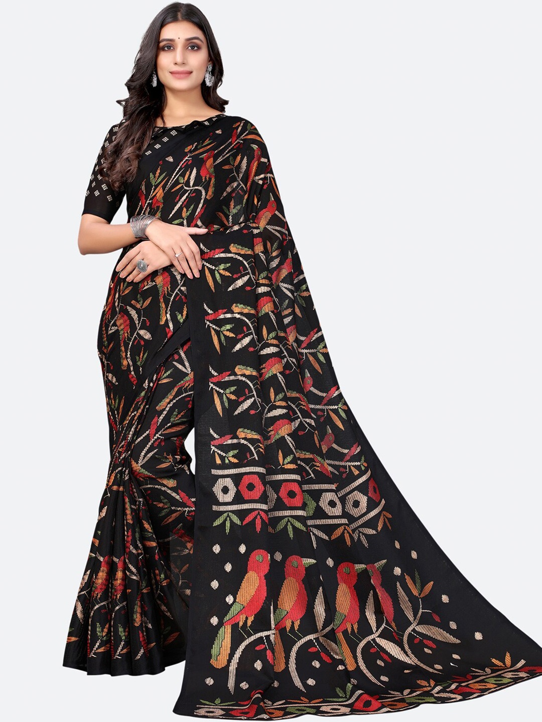 

KALINI Black & Red Kalamkari Bandhani Saree