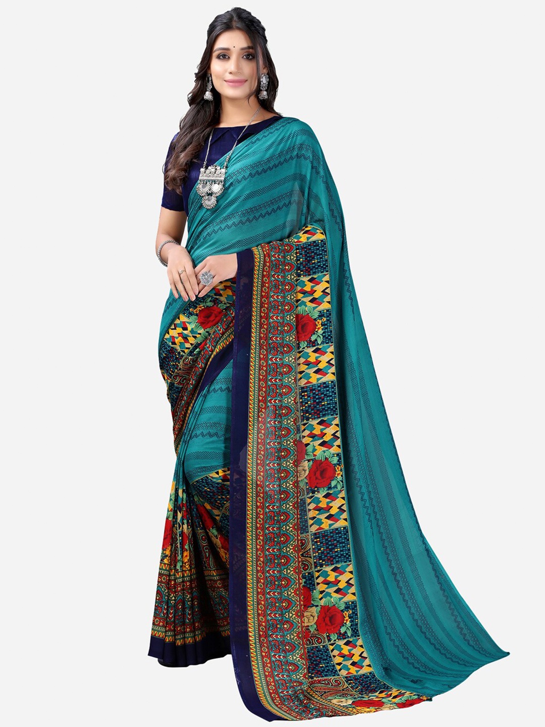 

KALINI Turquoise Blue & Red Floral Printed Saree