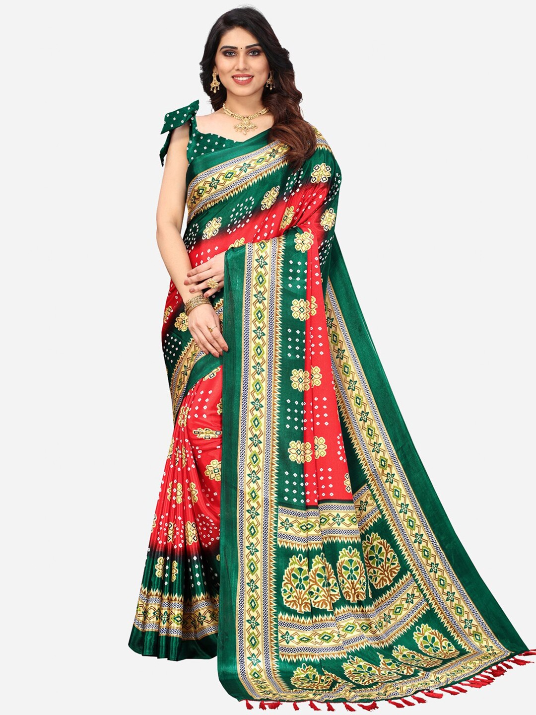 

KALINI Red & Green Bandhani Saree