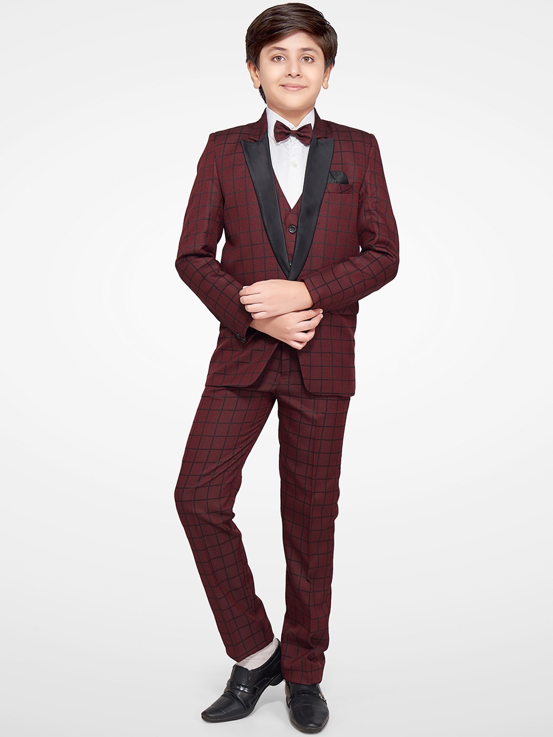 

Jeetethnics Boys Maroon Checked 5-Piece Single-Breasted Partywear Suit