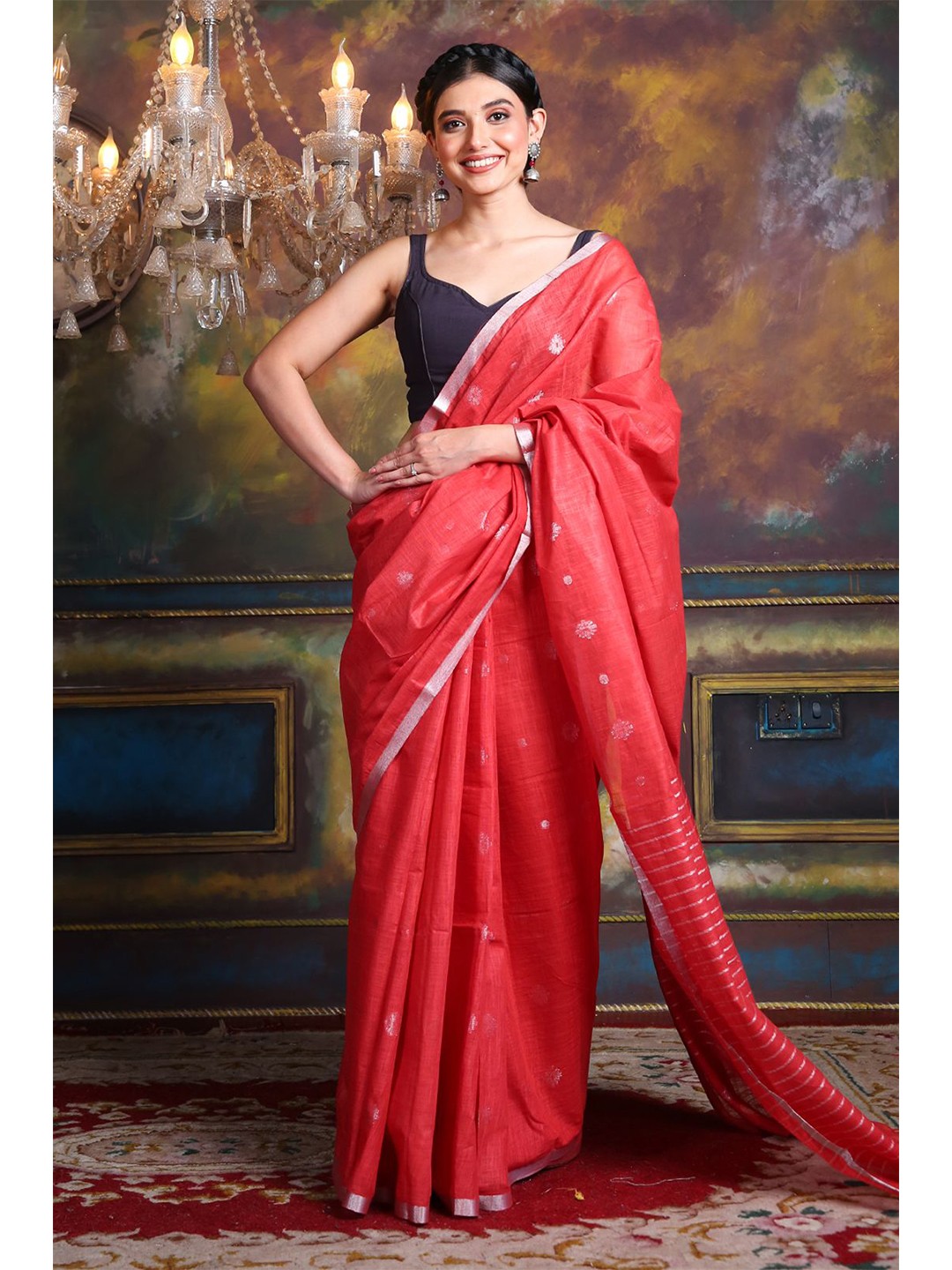 

Charukriti Rust Red & Silver-Toned Floral Silk Blend Handloom Saree