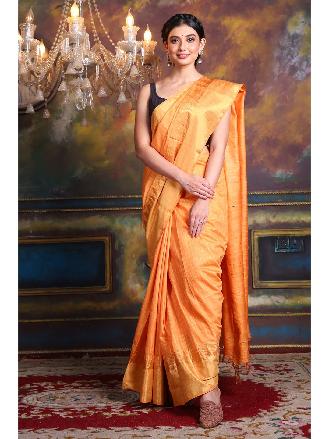 

Charukriti Mustard & Gold-Toned Embellished Zari Silk Blend Saree