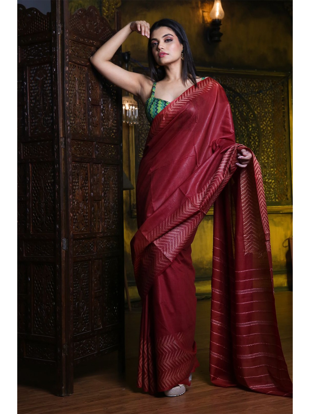 

Charukriti Red & Silver-Toned Silk Blend Saree