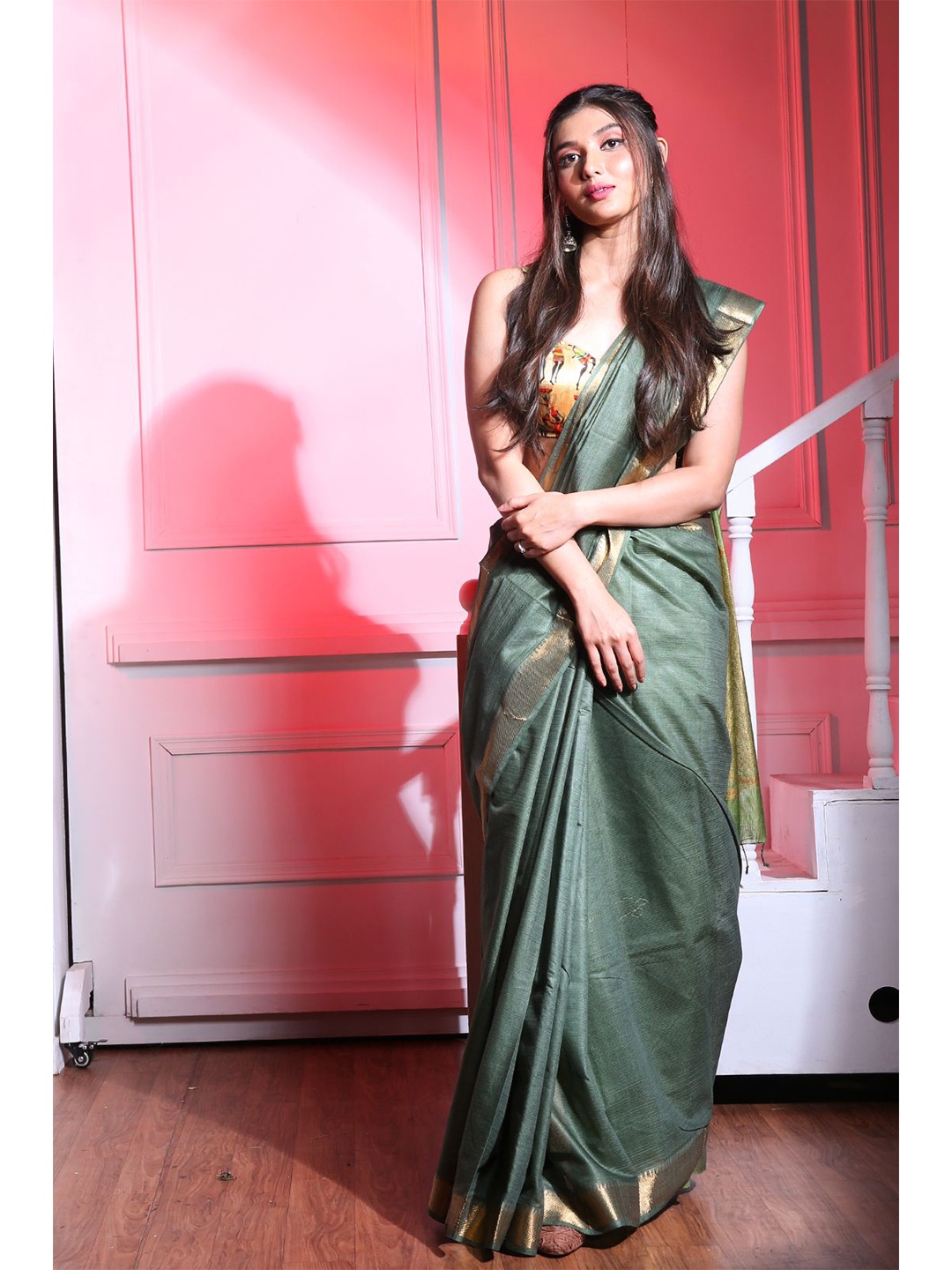 

Charukriti Green & Grey Silk Blend Saree