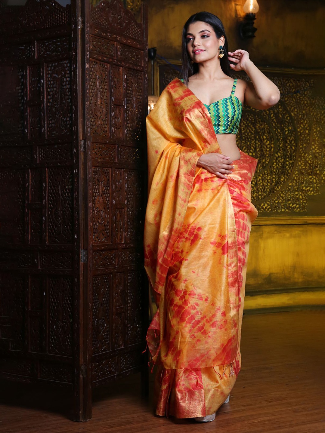 

Charukriti Mustard & Red Tie and Dye Silk Blend Saree