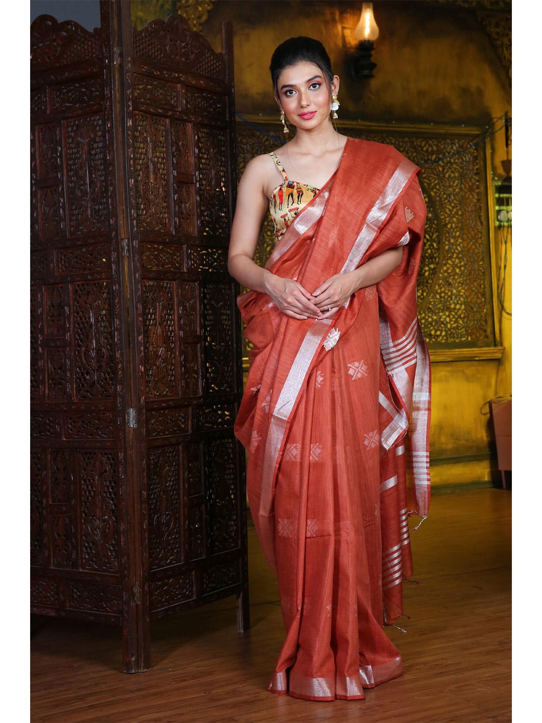 

Charukriti Red & Silver-Toned Woven Design Zari Silk Blend Saree
