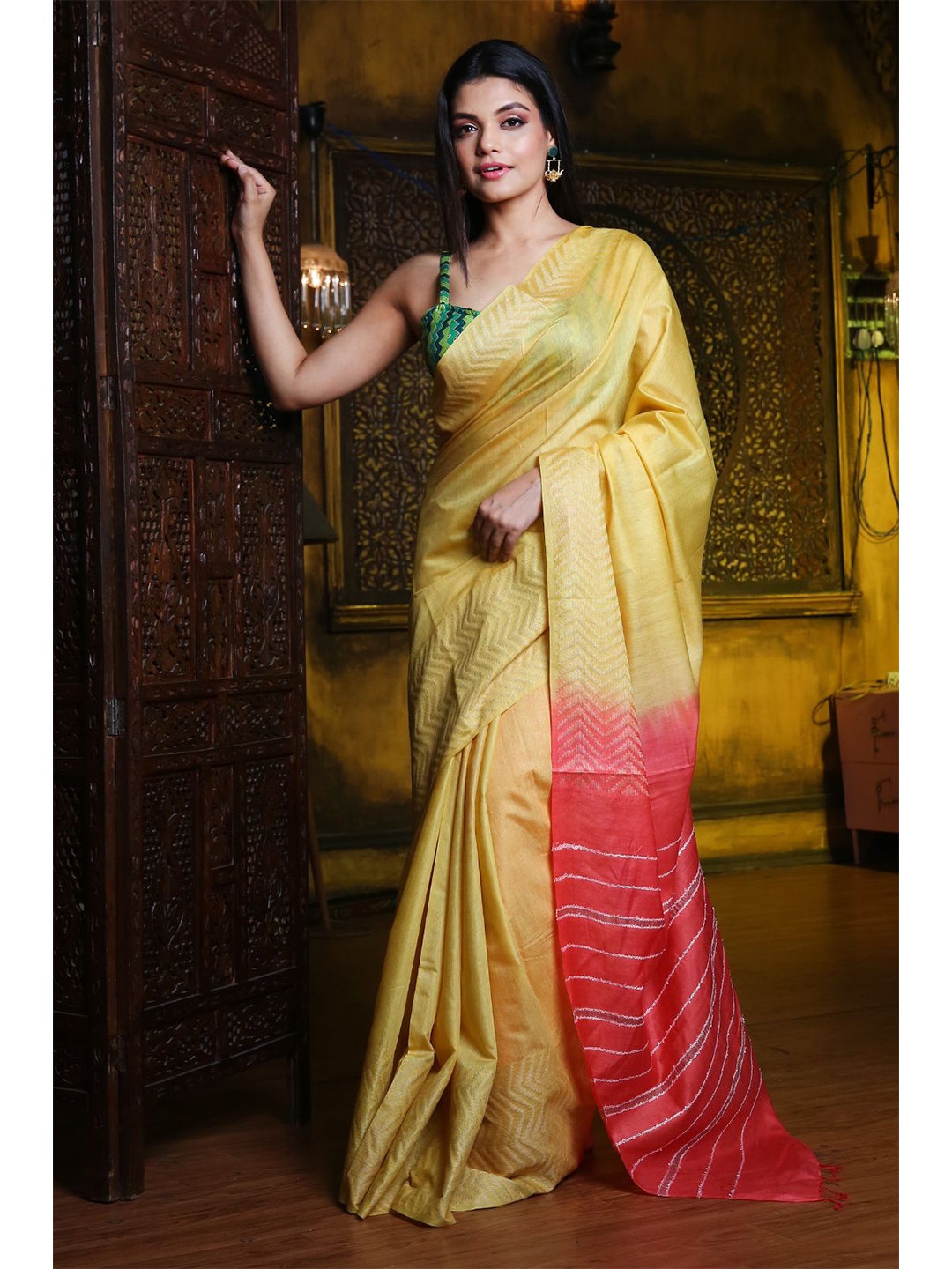 

Charukriti Mustard & Pink Zari Silk Blend Saree