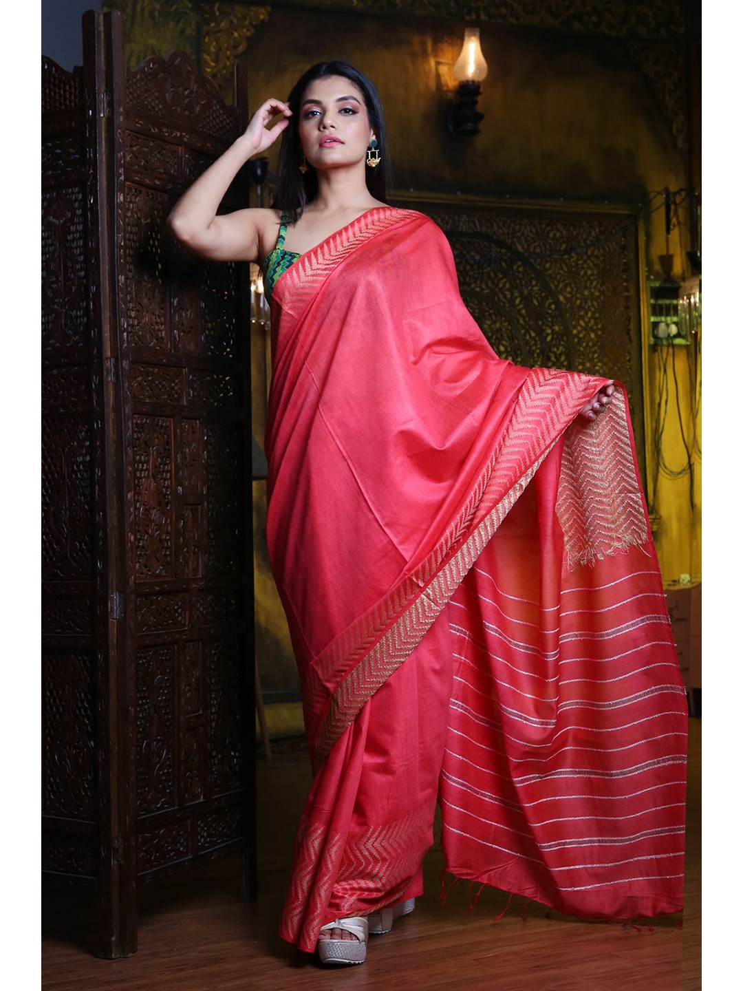 

Charukriti Red Zari Silk Blend Saree