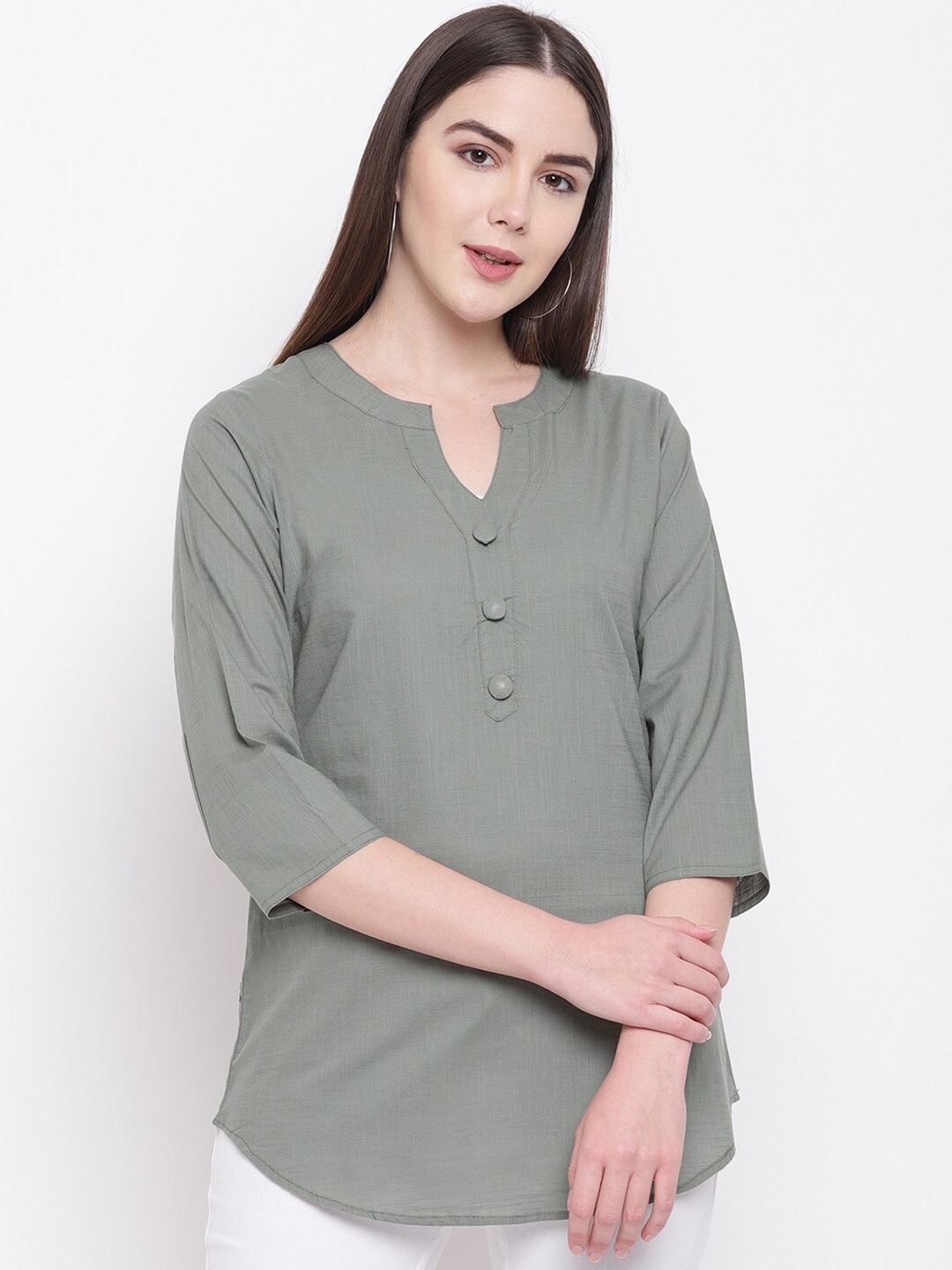 

RIVI Grey Solid Mandarin Collar Pure Cotton Top