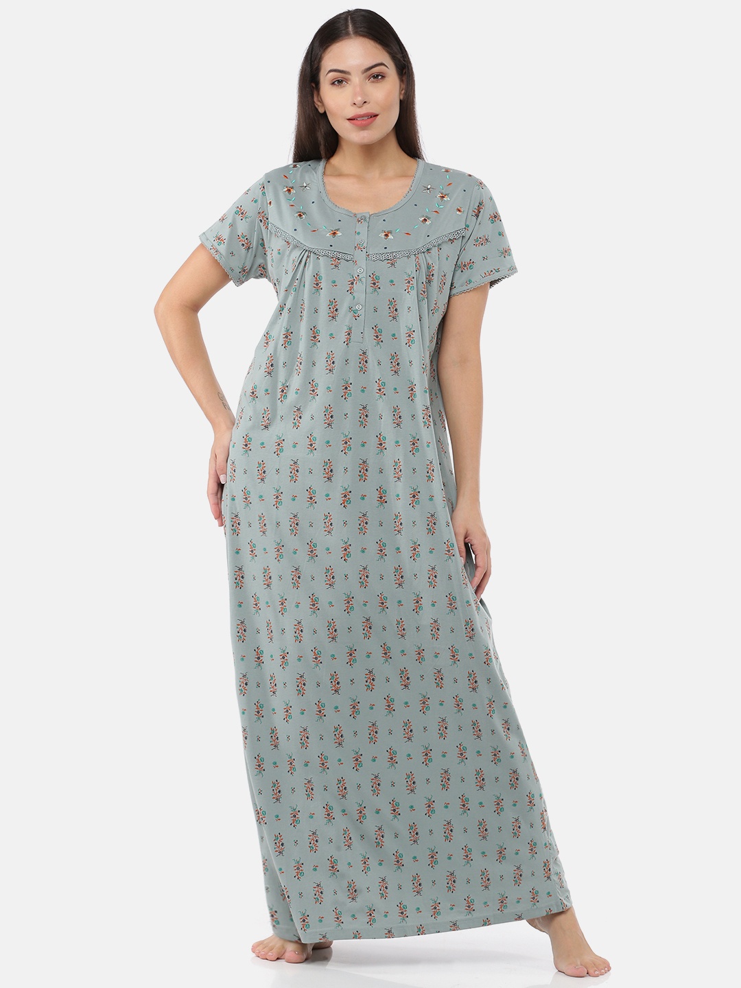 

9shines Label Olive Green Printed Maxi Nightdress