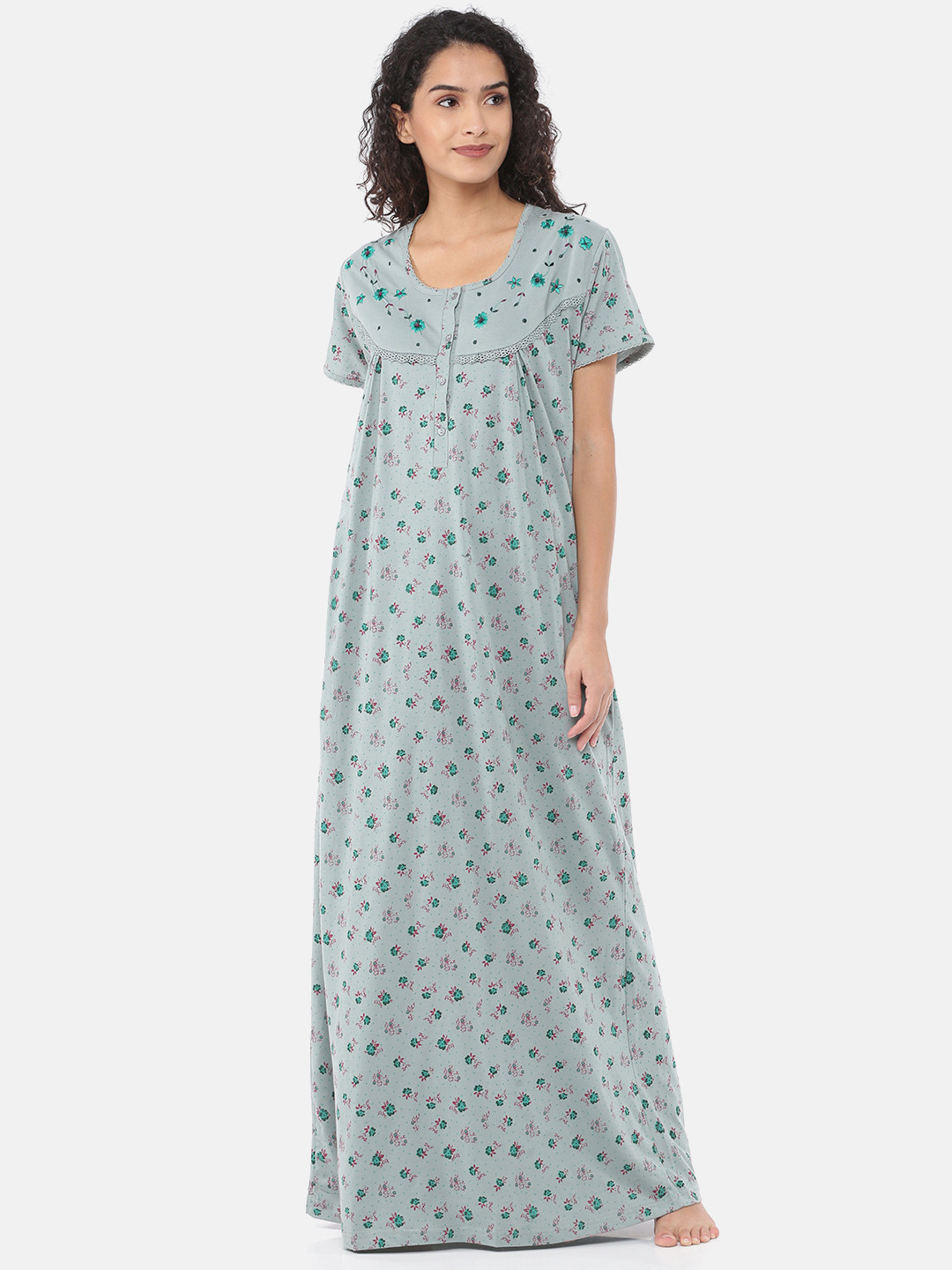 

9shines Label Olive Green Printed Maxi Nightdress