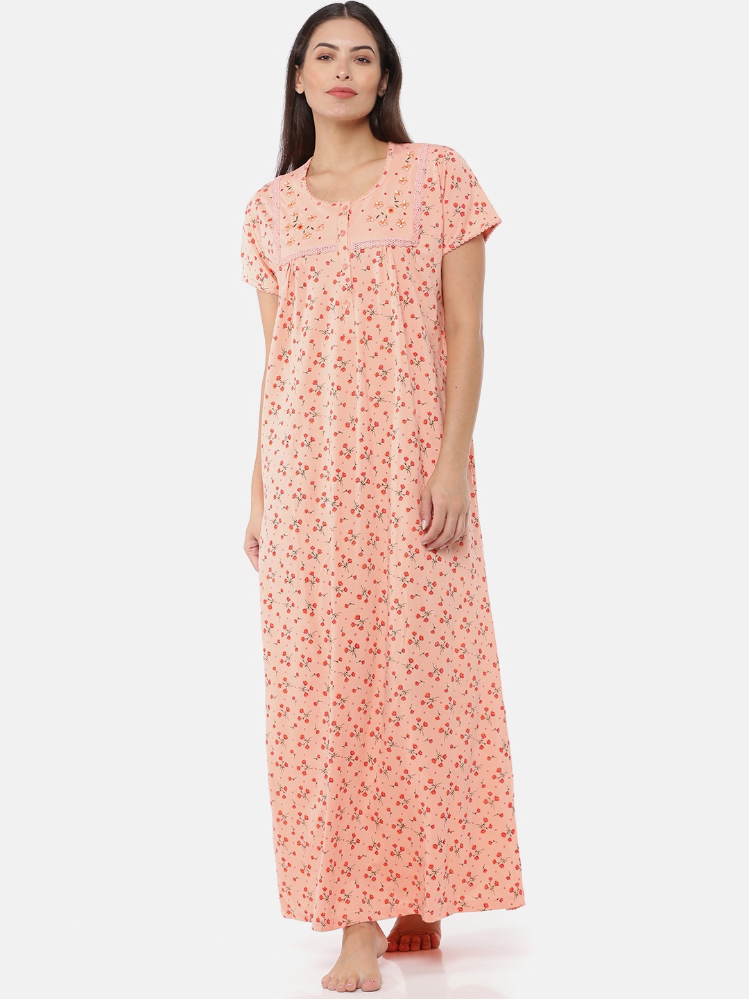 

9shines Label Peach-Coloured Printed Maxi Nightdress
