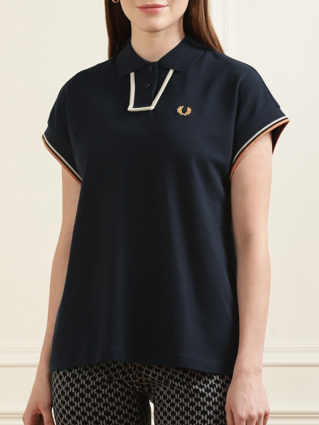 

Fred Perry Women Navy Blue Polo Collar Extended Sleeves T-shirt