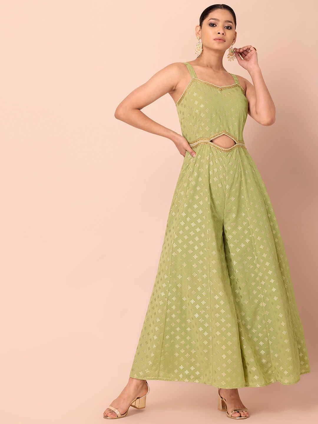 

INDYA Green & Gold-Toned Lime Foil Cut Out Strappy Jumpsuit