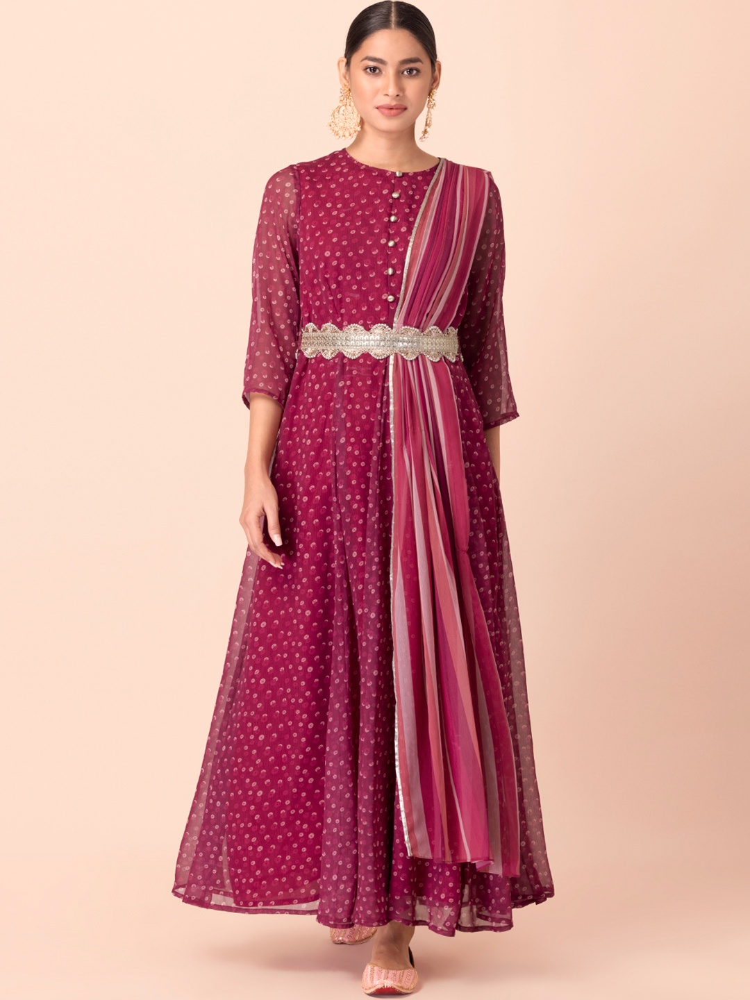 

INDYA Women Pink Bandhani Printed Maxi Kurta with Attached Dupatta & Belt