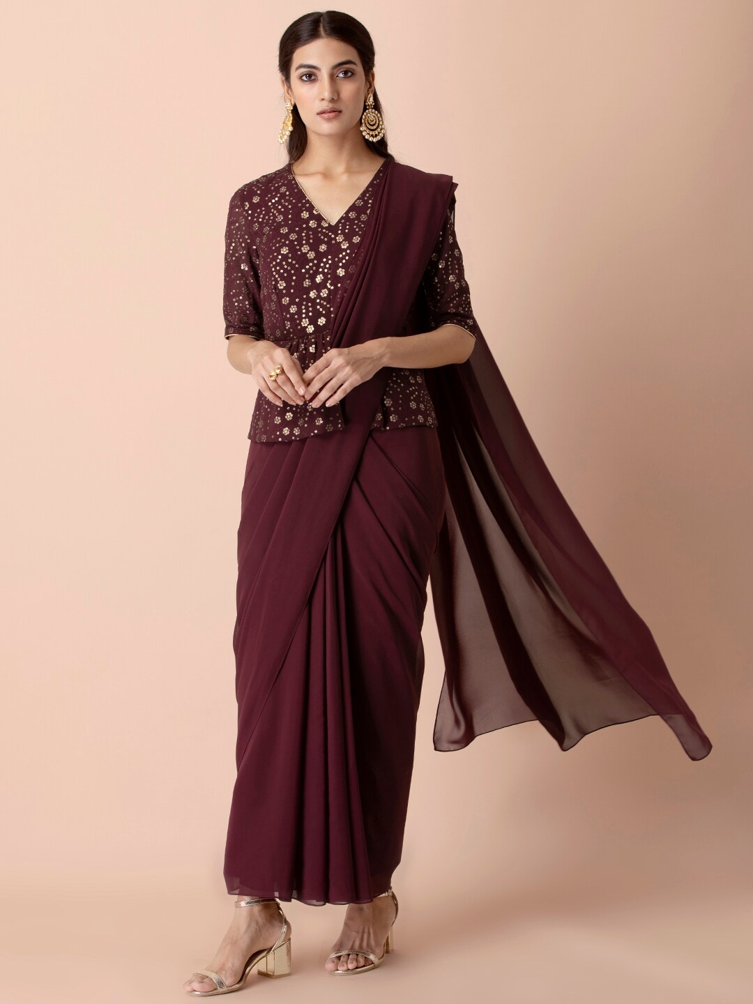 

INDYA Maroon Solid Pre Draped Saree