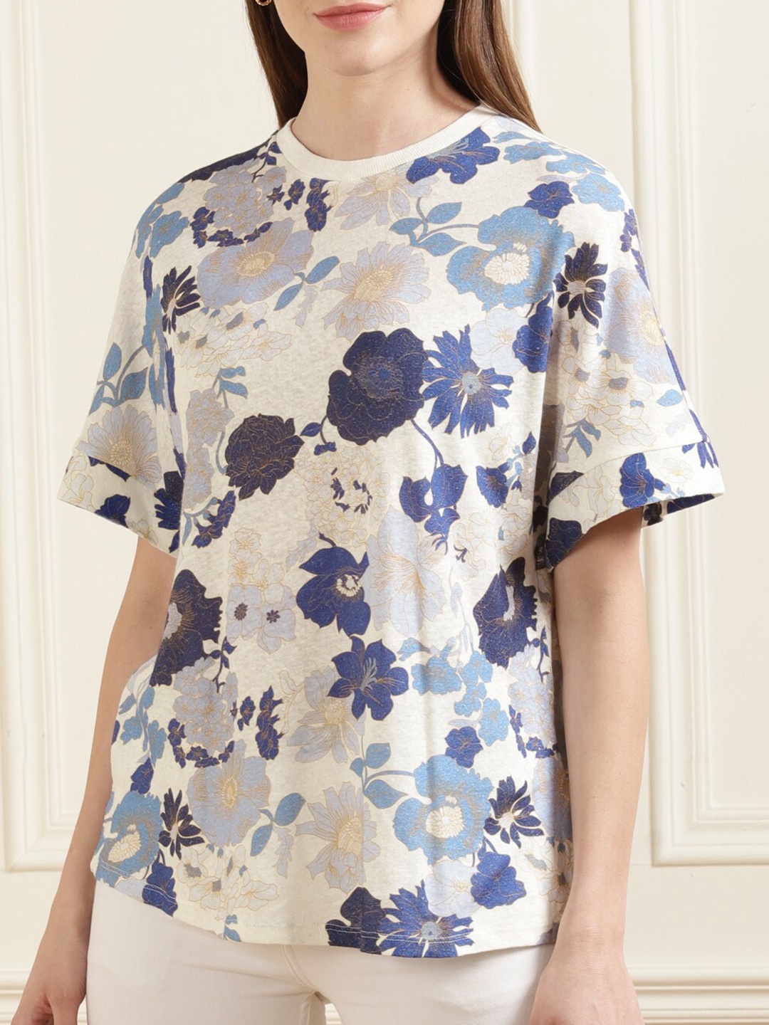 

Ted Baker Women Off-White & Blue Floral Printed Extended Sleeves Cotton T-shirt