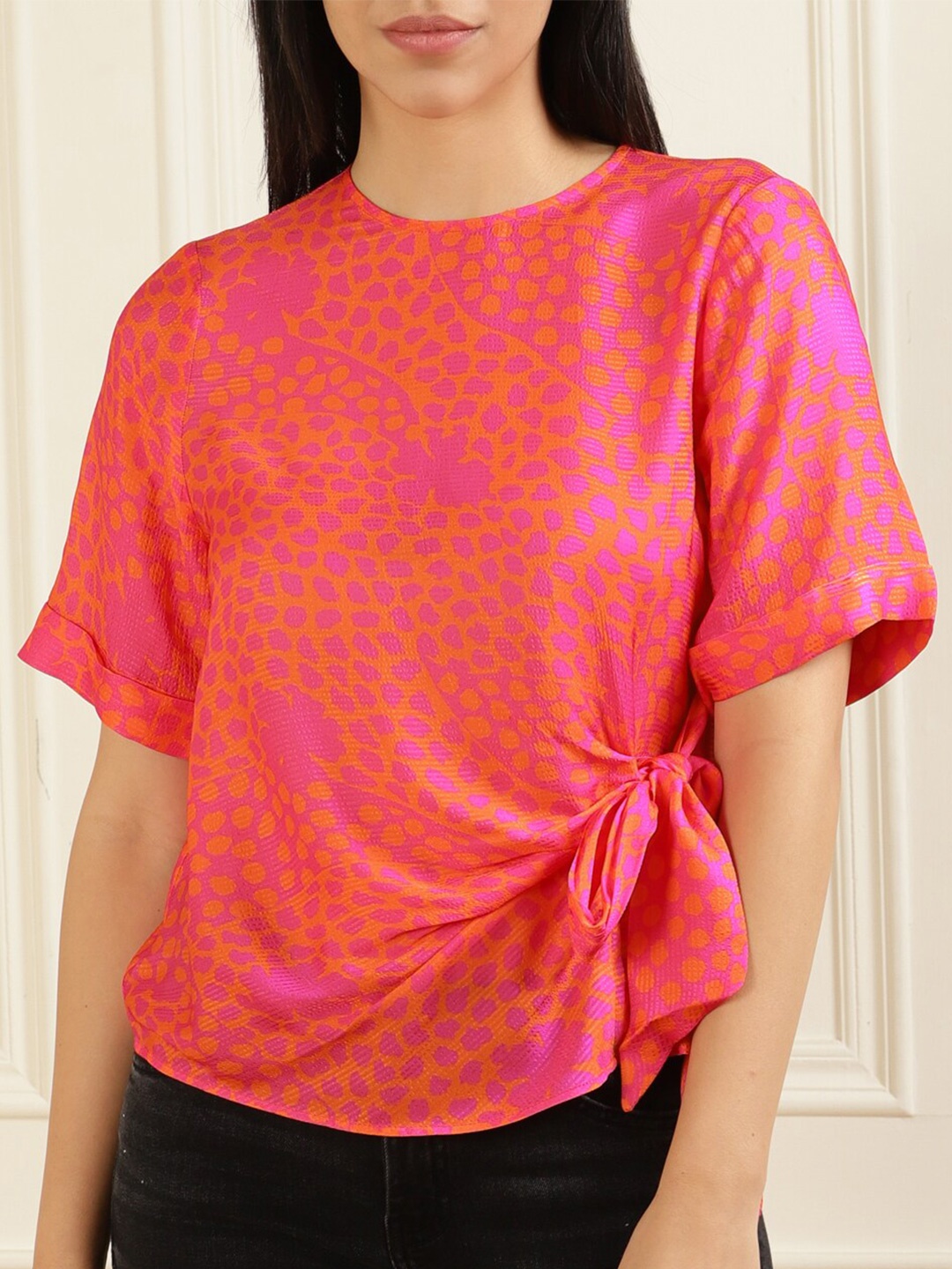 

Ted Baker Fuchsia & Orange Abstract Print Extended Sleeves Tie-Up Top