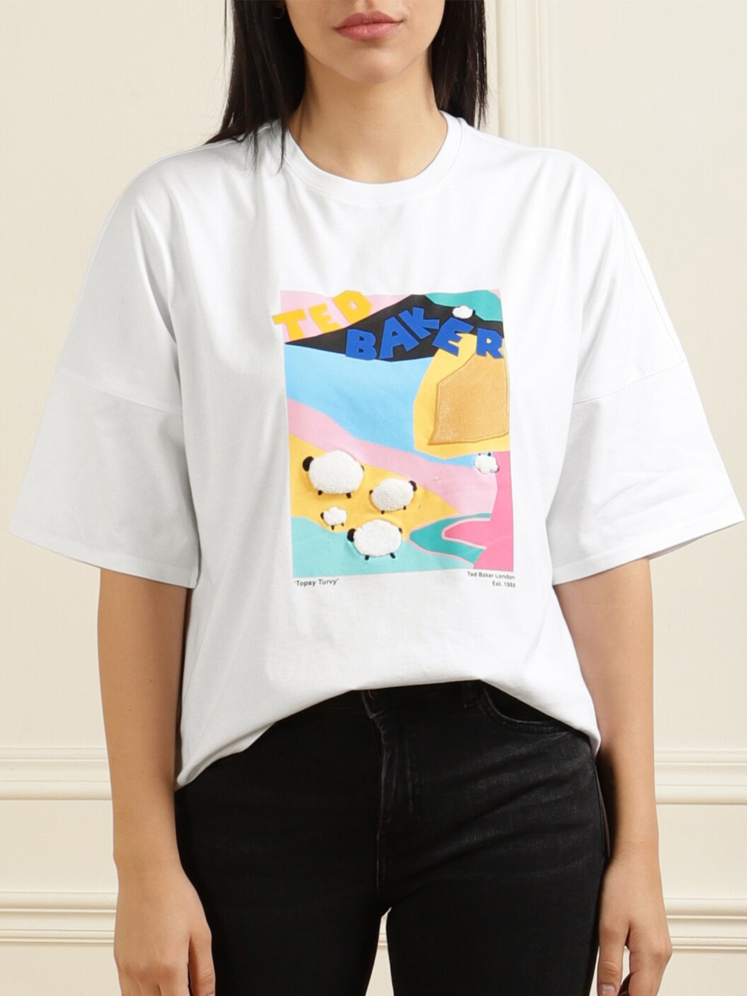 

Ted Baker Women White Printed Drop-Shoulder Sleeves Boxy Cotton T-shirt