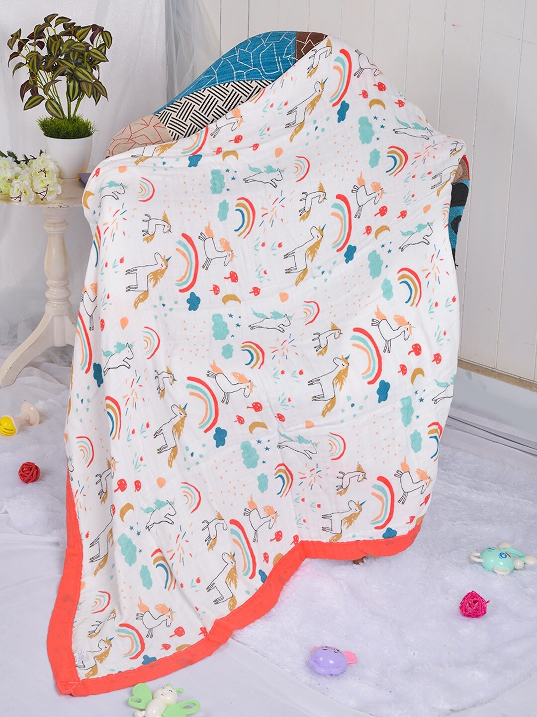

POPLINS Orange & White Geometric AC Room 300 GSM Cotton Single Bed Blanket