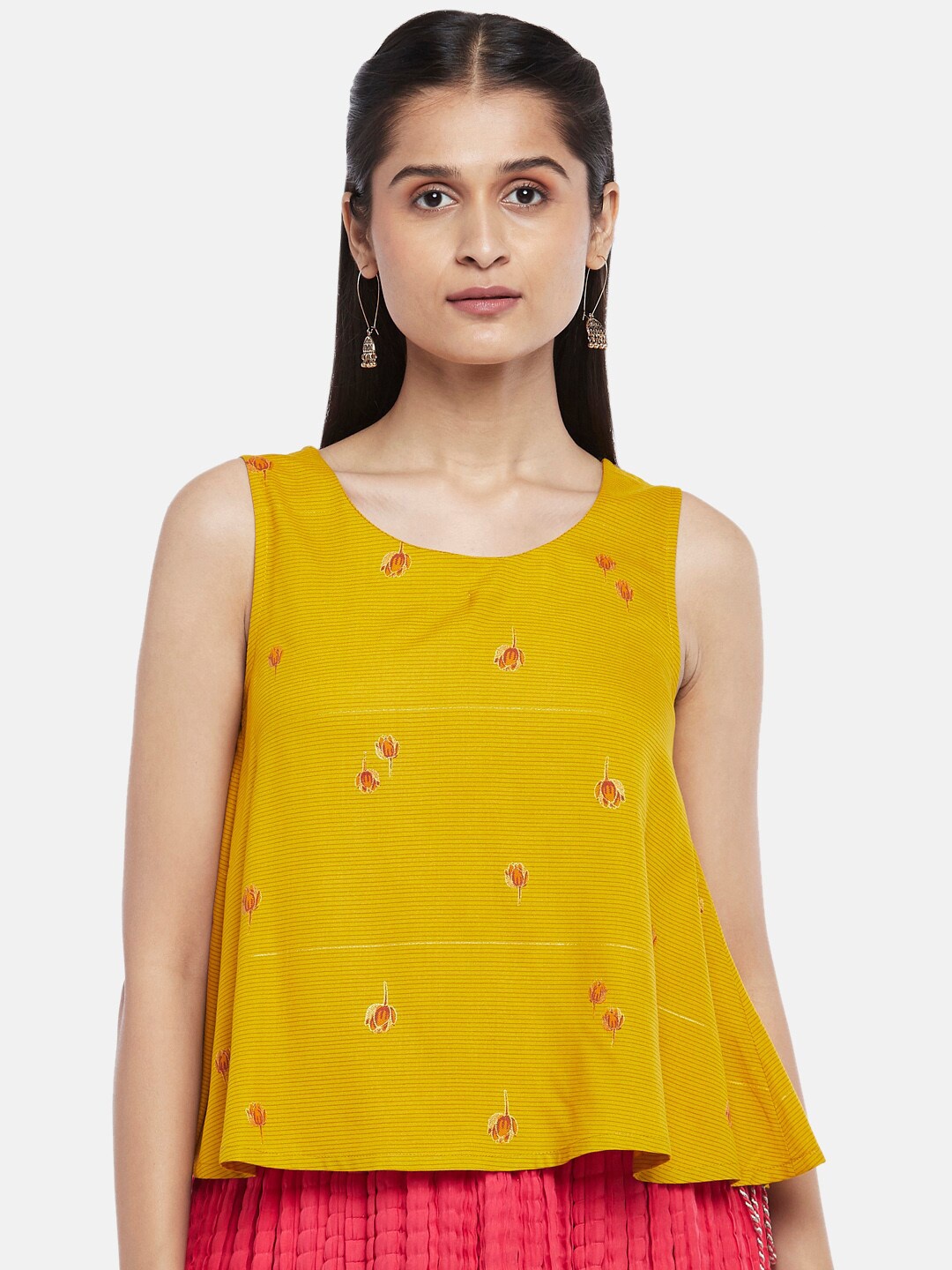 

AKKRITI BY PANTALOONS Mustard Yellow Ethnic Motifs Print A-line Top