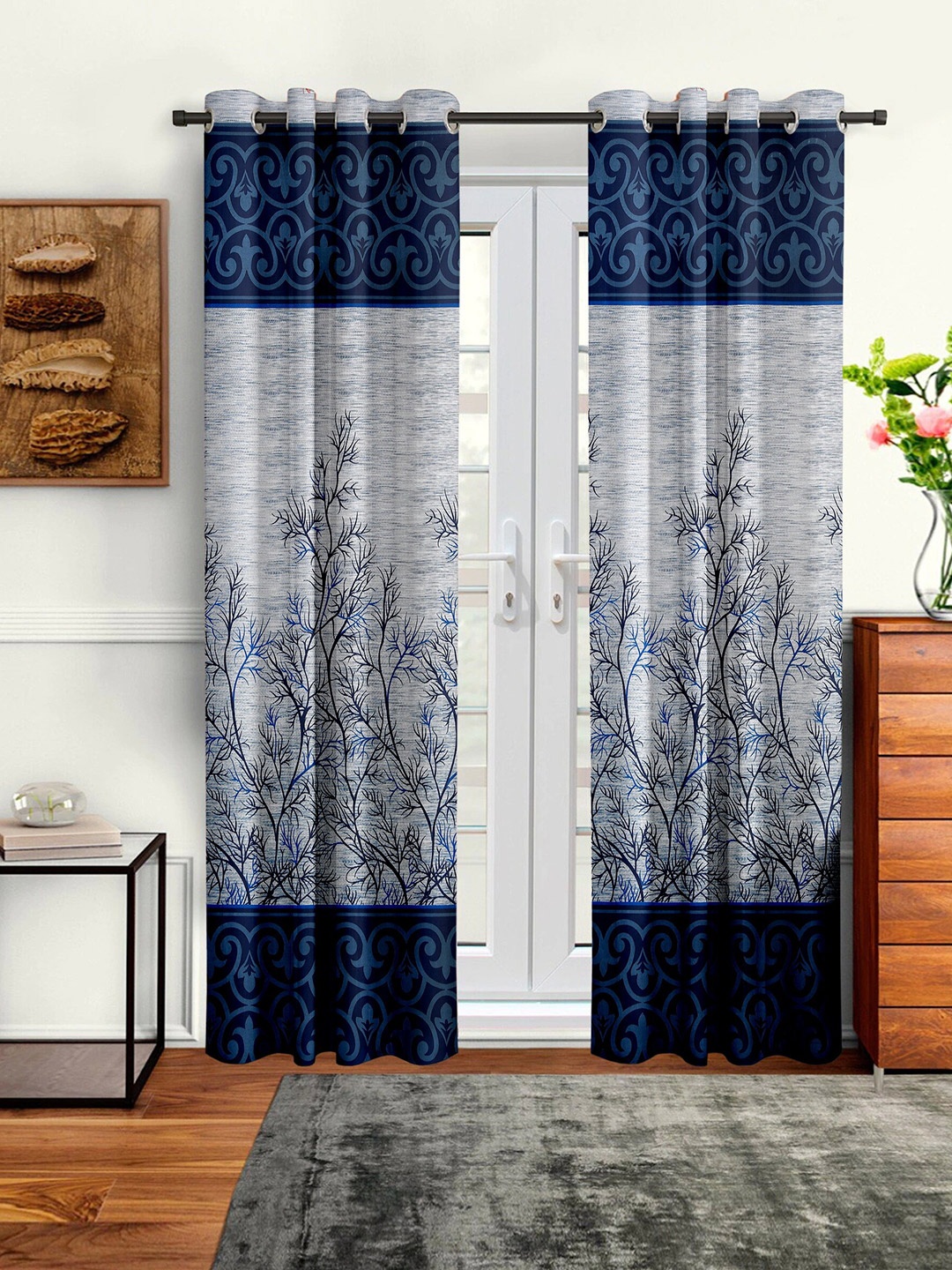 Cortina Blue & Black Set of 2 Floral Long Door Curtain