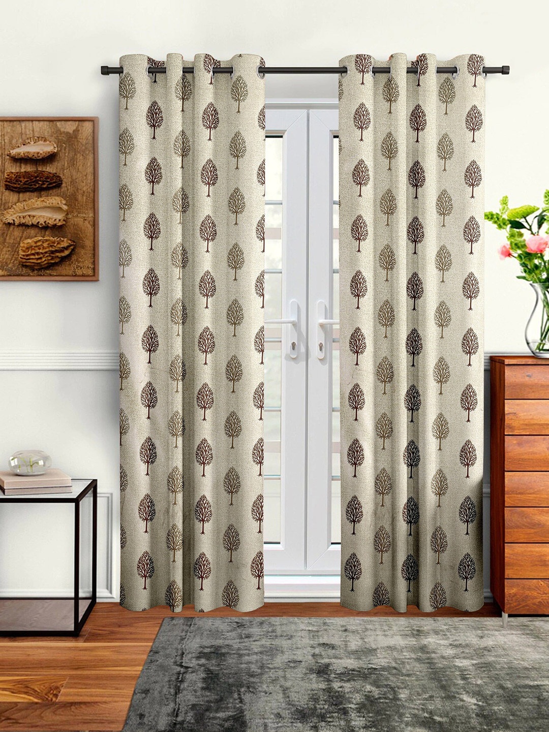 Cortina Beige & Brown Set of 2 Floral Door Curtain