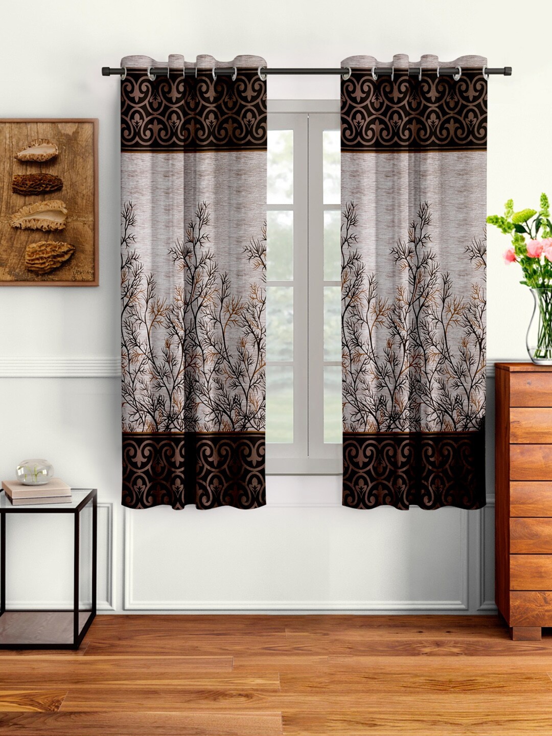 

Cortina Brown & Grey Set of 2 Floral Window Curtain